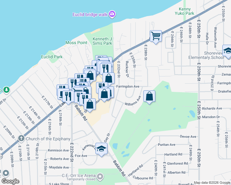 map of restaurants, bars, coffee shops, grocery stores, and more near 356 East 232nd Street in Euclid