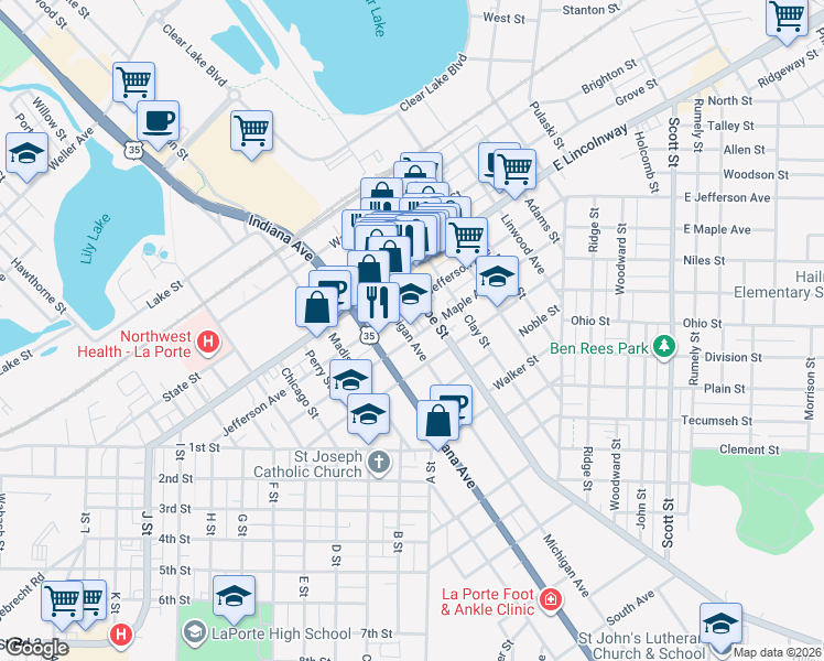 map of restaurants, bars, coffee shops, grocery stores, and more near in La Porte