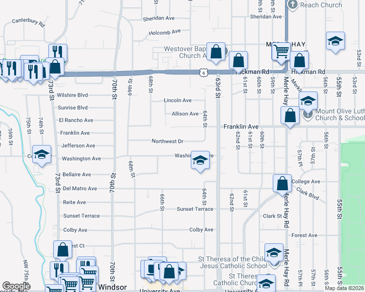 map of restaurants, bars, coffee shops, grocery stores, and more near 1145 66th Street in Windsor Heights
