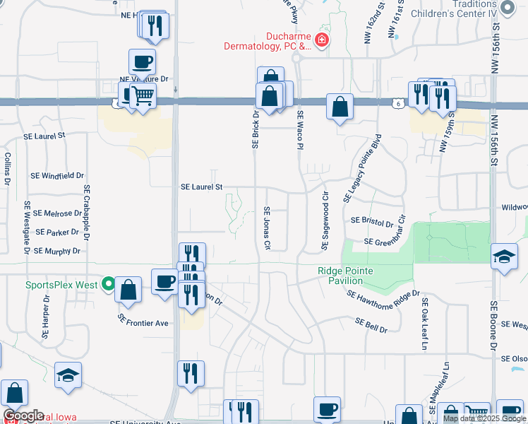 map of restaurants, bars, coffee shops, grocery stores, and more near 400 Southeast Jonas Circle in Waukee