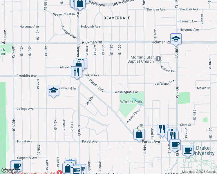 map of restaurants, bars, coffee shops, grocery stores, and more near 1716 38th Street in Des Moines