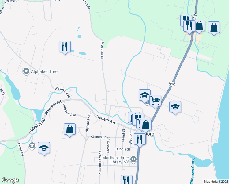 map of restaurants, bars, coffee shops, grocery stores, and more near 6 Hideaway Lane in Marlboro