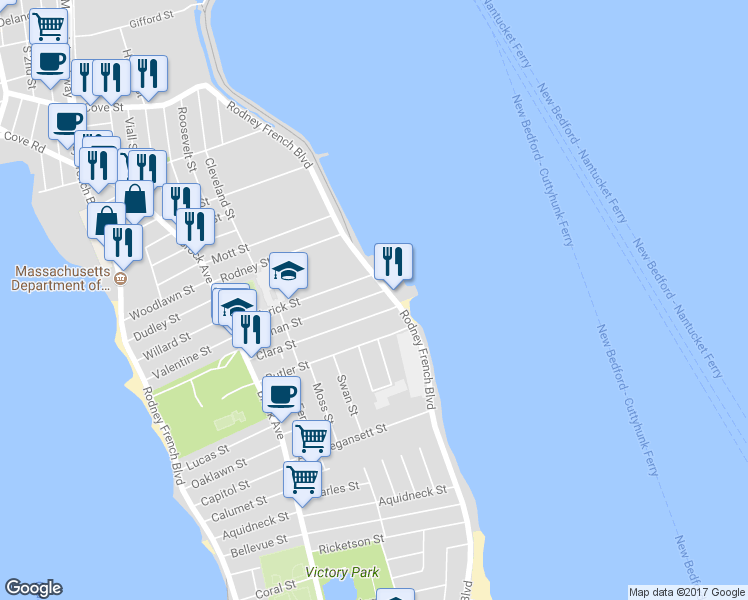 map of restaurants, bars, coffee shops, grocery stores, and more near 16 Norman St in New Bedford