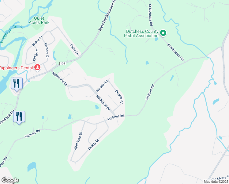 map of restaurants, bars, coffee shops, grocery stores, and more near 10 Dennis Road in Wappingers Falls