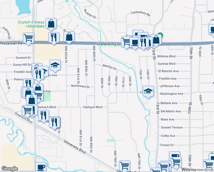 map of restaurants, bars, coffee shops, grocery stores, and more near 1821 80th Street in Windsor Heights