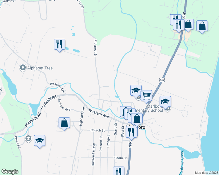 map of restaurants, bars, coffee shops, grocery stores, and more near 6 Hideaway Lane in Marlboro