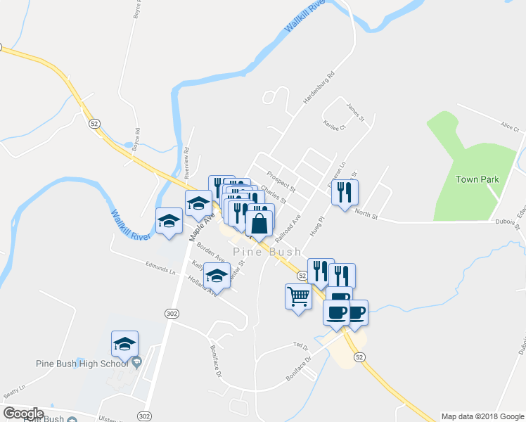 map of restaurants, bars, coffee shops, grocery stores, and more near 34 New Street in Pine Bush