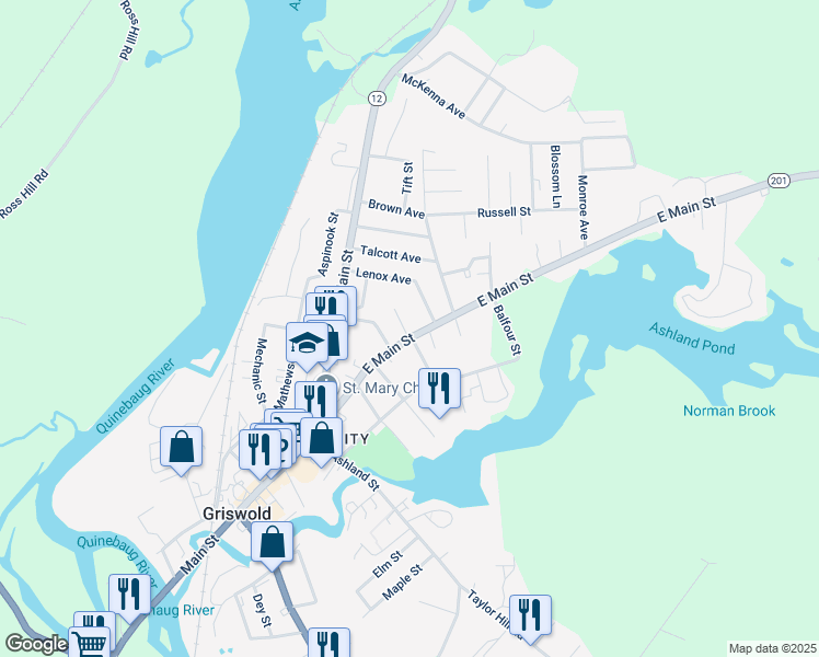 map of restaurants, bars, coffee shops, grocery stores, and more near 126 East Main Street in Griswold