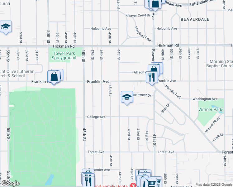 map of restaurants, bars, coffee shops, grocery stores, and more near 1732 44th St in Des Moines