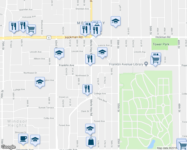map of restaurants, bars, coffee shops, grocery stores, and more near 1801 Merle Hay Road in Des Moines