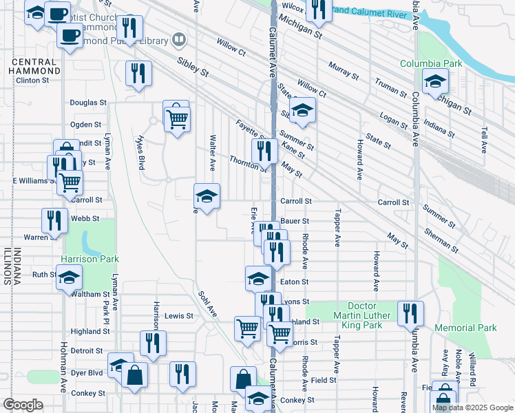 map of restaurants, bars, coffee shops, grocery stores, and more near 5707 Erie Avenue in Hammond
