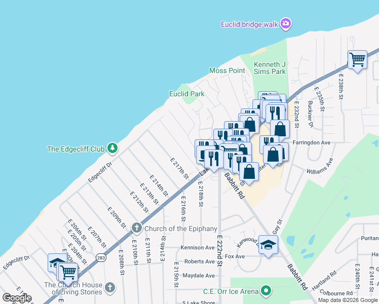 map of restaurants, bars, coffee shops, grocery stores, and more near 131 East 219th Street in Euclid
