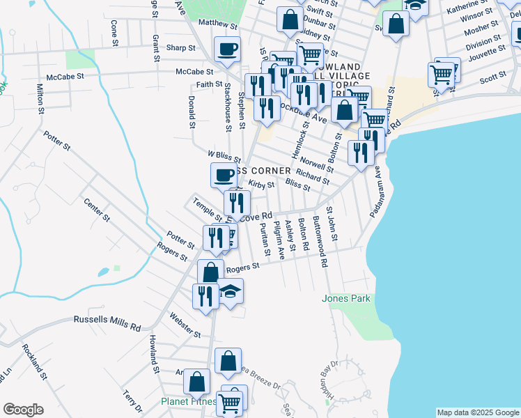 map of restaurants, bars, coffee shops, grocery stores, and more near 53 Cove Road in Dartmouth