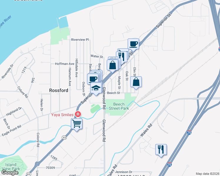 map of restaurants, bars, coffee shops, grocery stores, and more near 140 Walnut Street in Rossford