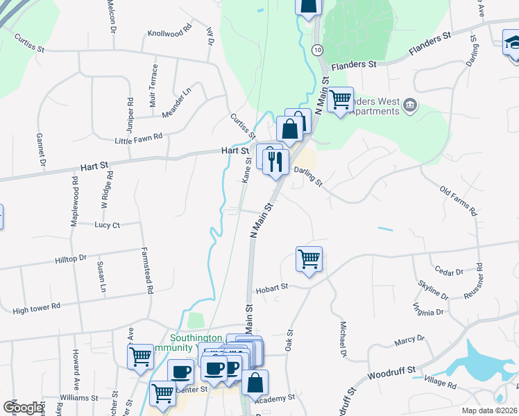 map of restaurants, bars, coffee shops, grocery stores, and more near 338 North Main Street in Southington