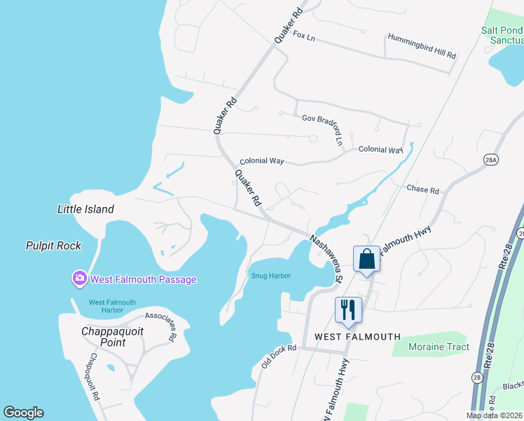 map of restaurants, bars, coffee shops, grocery stores, and more near 17 Little Island Road in Falmouth