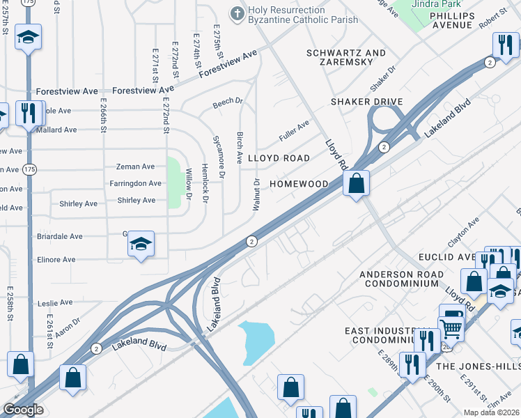 map of restaurants, bars, coffee shops, grocery stores, and more near 683 Walnut Drive in Euclid