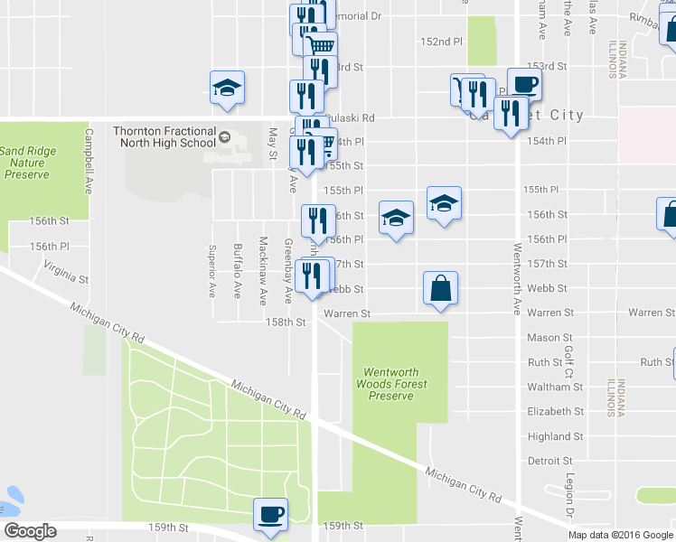 map of restaurants, bars, coffee shops, grocery stores, and more near 527 157th Street in Calumet City