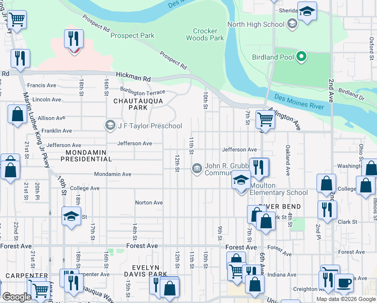 map of restaurants, bars, coffee shops, grocery stores, and more near 1734 11th Street in Des Moines