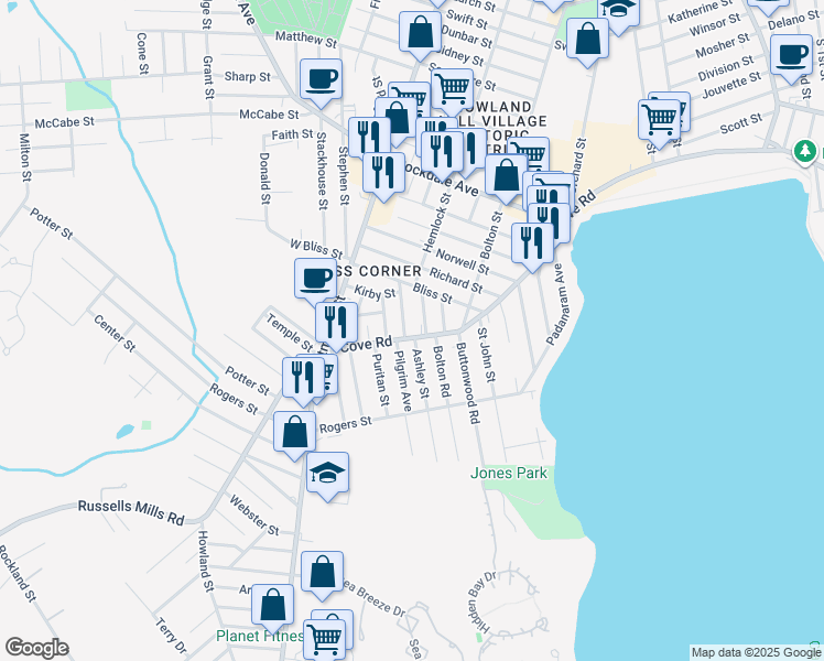 map of restaurants, bars, coffee shops, grocery stores, and more near 30 Cove Road in Dartmouth