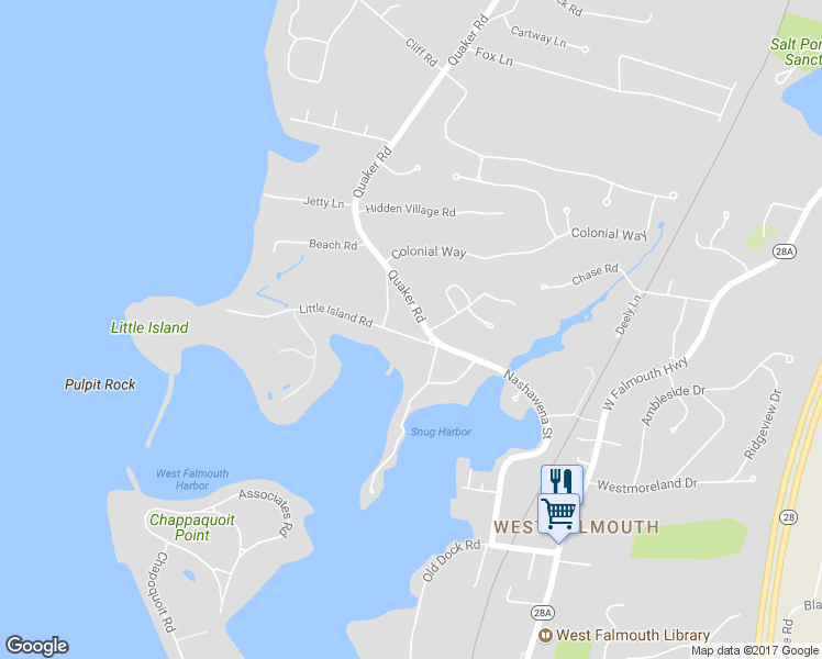 map of restaurants, bars, coffee shops, grocery stores, and more near 17 Little Island Road in Falmouth