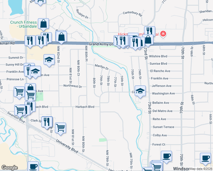 map of restaurants, bars, coffee shops, grocery stores, and more near 1810 78th Street in Windsor Heights