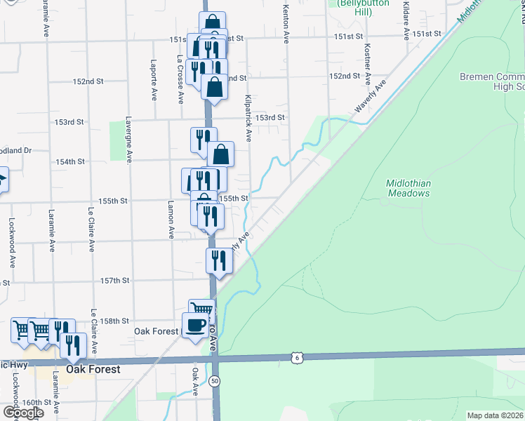 map of restaurants, bars, coffee shops, grocery stores, and more near 15516 Waverly Avenue in Oak Forest