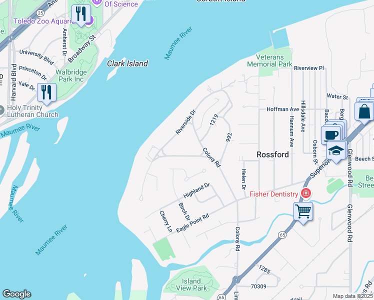 map of restaurants, bars, coffee shops, grocery stores, and more near 125 Eagle Point Drive in Rossford