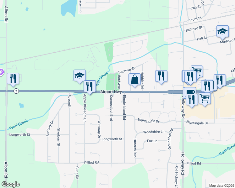 map of restaurants, bars, coffee shops, grocery stores, and more near 7551 Airport Highway in Holland