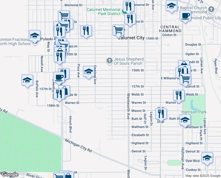 map of restaurants, bars, coffee shops, grocery stores, and more near 301 157th Street in Calumet City