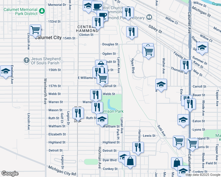 map of restaurants, bars, coffee shops, grocery stores, and more near 236 Carroll St in Hammond