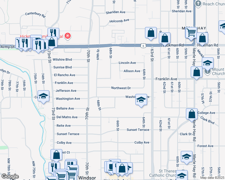 map of restaurants, bars, coffee shops, grocery stores, and more near 6620 Northwest Drive in Windsor Heights