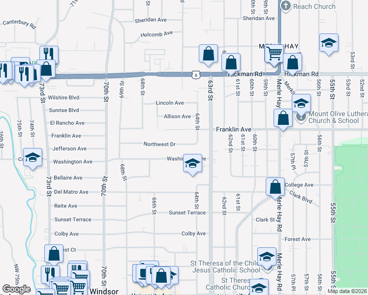 map of restaurants, bars, coffee shops, grocery stores, and more near 6416 Northwest Drive in Windsor Heights