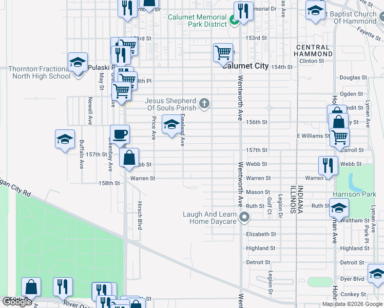 map of restaurants, bars, coffee shops, grocery stores, and more near 331 157th Street in Calumet City