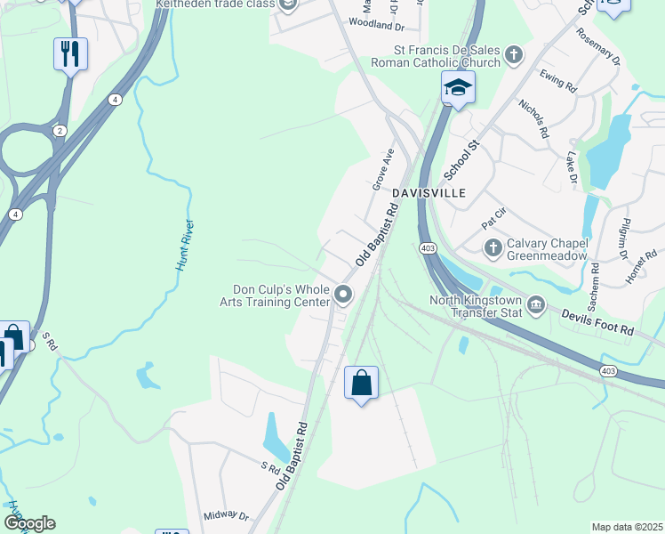 map of restaurants, bars, coffee shops, grocery stores, and more near 171 Old Baptist Road in North Kingstown