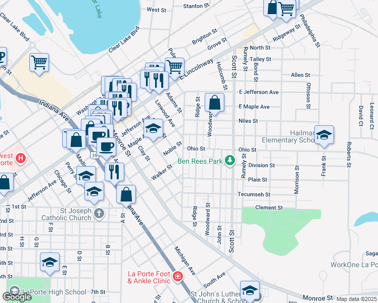 map of restaurants, bars, coffee shops, grocery stores, and more near 110 Ohio Street in La Porte