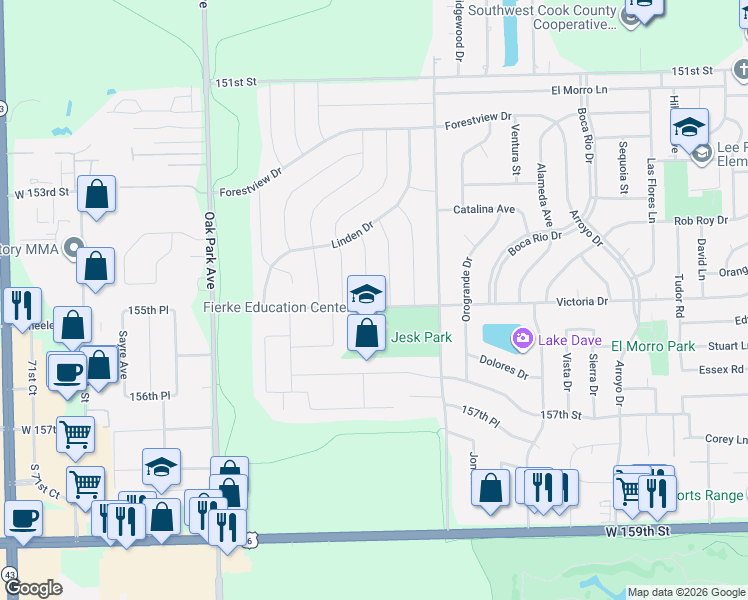 map of restaurants, bars, coffee shops, grocery stores, and more near 15421 Hickory Lane in Oak Forest