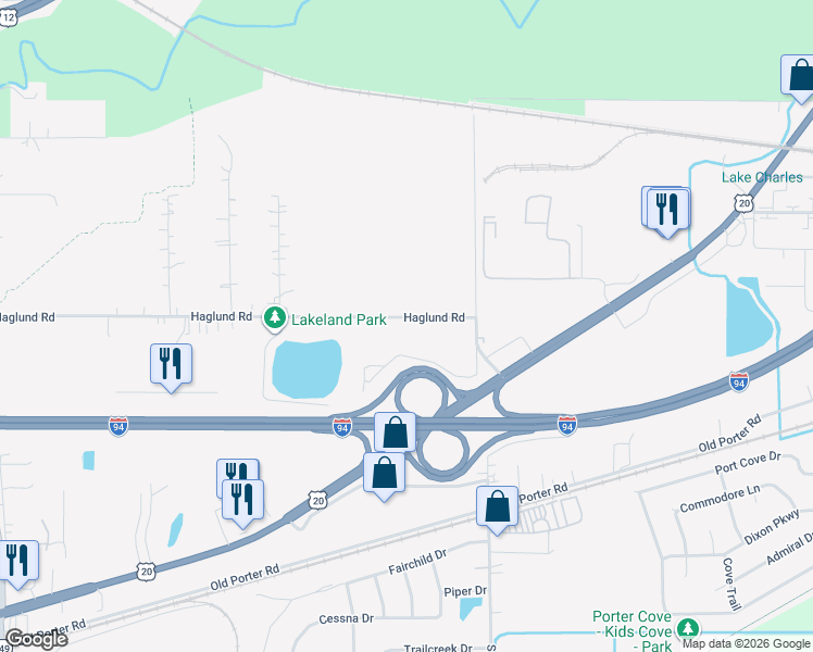 map of restaurants, bars, coffee shops, grocery stores, and more near 214 Haglund Road in Chesterton