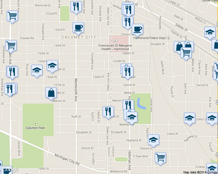 map of restaurants, bars, coffee shops, grocery stores, and more near 4 Carroll Street in Hammond