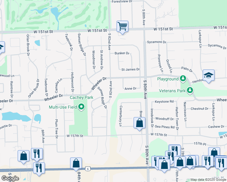 map of restaurants, bars, coffee shops, grocery stores, and more near 8141 Colette Court in Orland Park