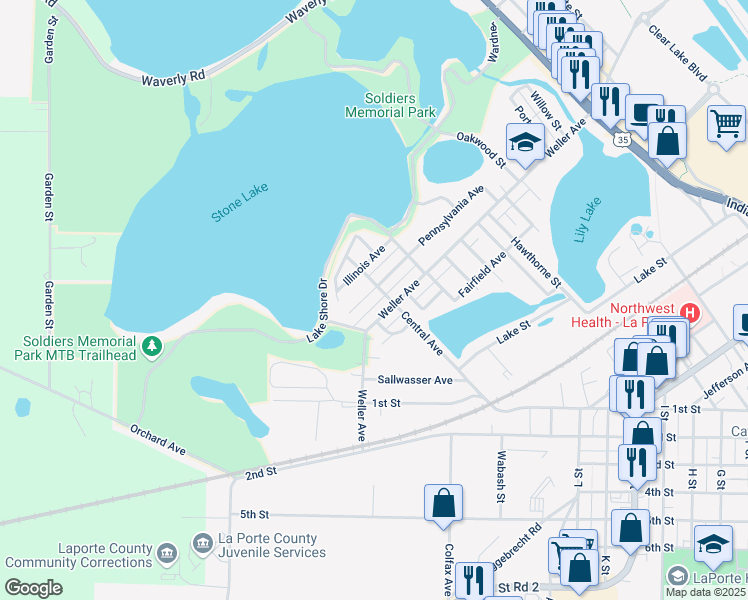 map of restaurants, bars, coffee shops, grocery stores, and more near 1416 Pennsylvania Avenue in La Porte