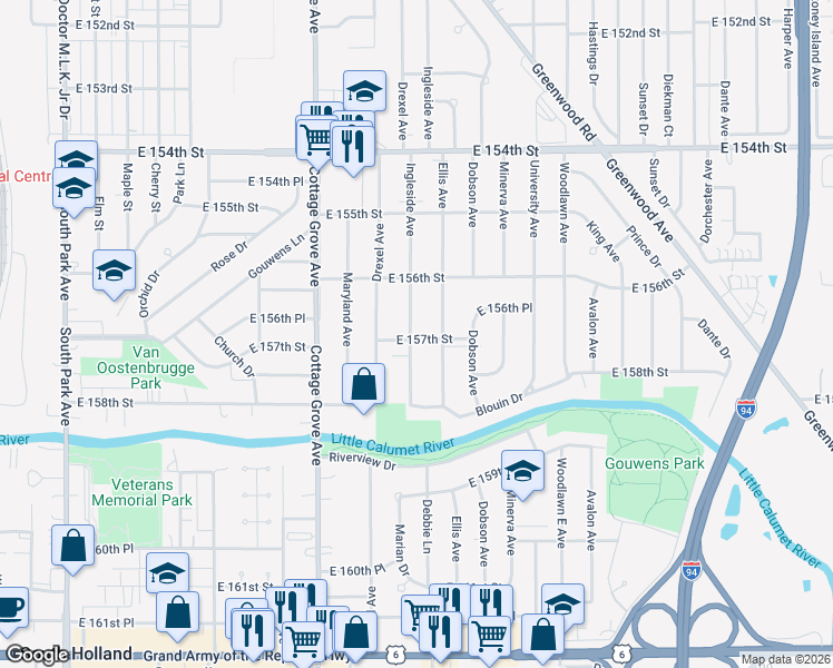 map of restaurants, bars, coffee shops, grocery stores, and more near 15645 Ingleside Avenue in Dolton