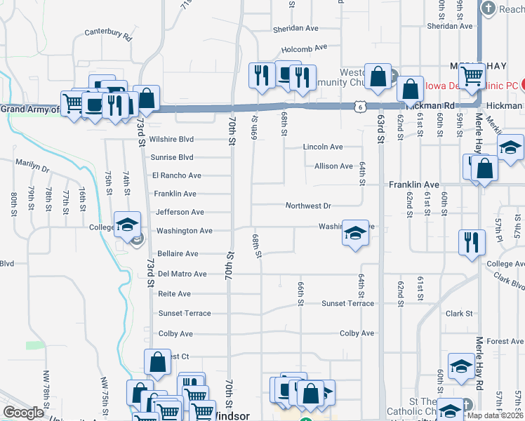 map of restaurants, bars, coffee shops, grocery stores, and more near 6816 Northwest Drive in Windsor Heights