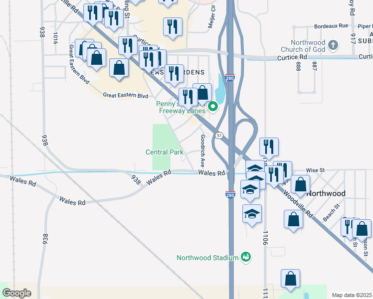 map of restaurants, bars, coffee shops, grocery stores, and more near 320 Flag Street in Northwood