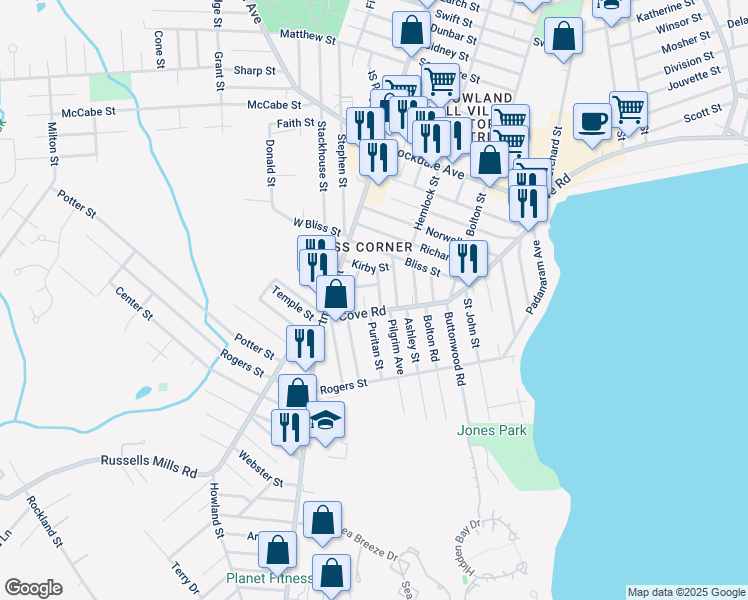 map of restaurants, bars, coffee shops, grocery stores, and more near 53 Cove Road in Dartmouth