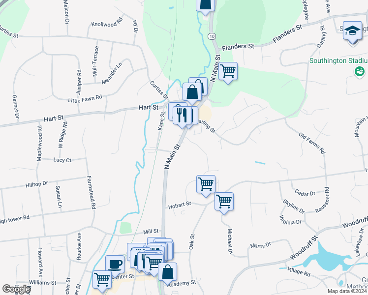 map of restaurants, bars, coffee shops, grocery stores, and more near 361 North Main Street in Southington