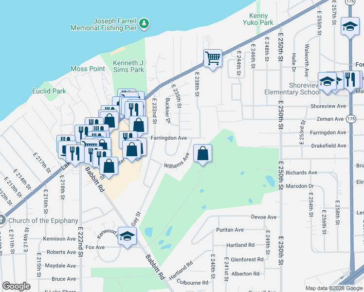 map of restaurants, bars, coffee shops, grocery stores, and more near 23335 Williams Avenue in Euclid