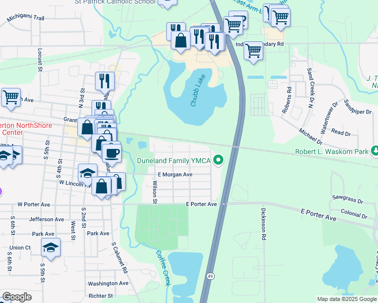 map of restaurants, bars, coffee shops, grocery stores, and more near 127 Jeffrey Street in Chesterton