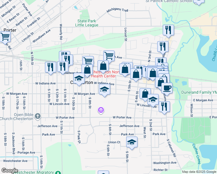 map of restaurants, bars, coffee shops, grocery stores, and more near 201 Chesterton Boulevard in Chesterton