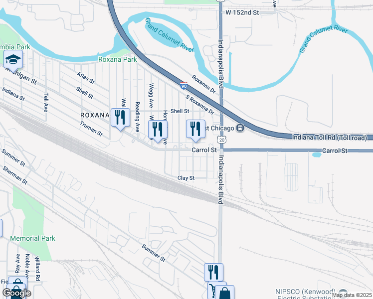 map of restaurants, bars, coffee shops, grocery stores, and more near 1006 Carroll Street in East Chicago